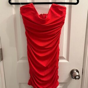 Oh Polly Strapless Ruched Red Mini Dress